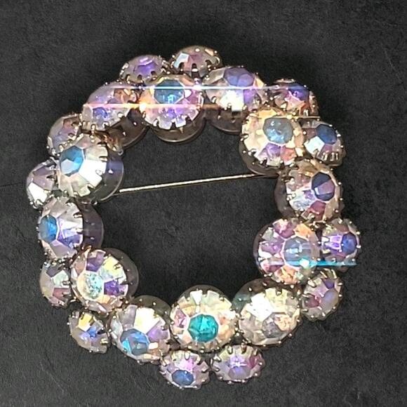 Vintage Blue Aurora Borealis Rhinestone Wreath Circle Brooch Pin - Picture 1 of 16
